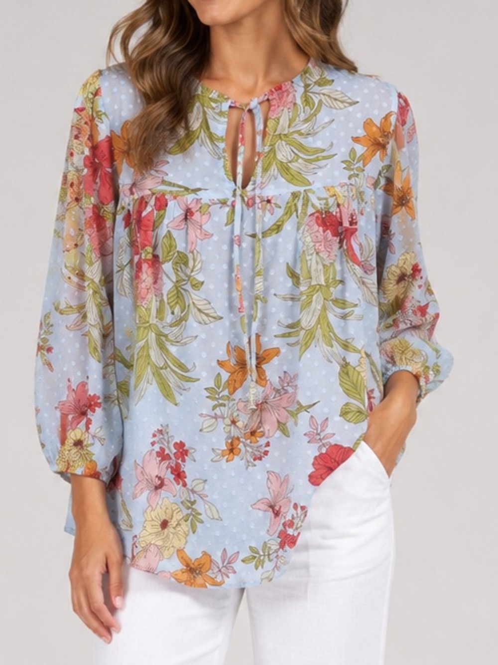 Culture Code Floral Swiss Dot Blouse | Size L | Sheer Boho Peasant Top